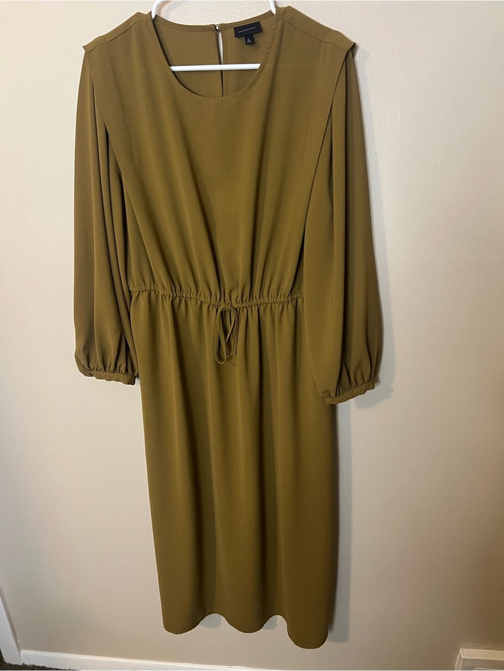 Who What Wear Olive-Gold Long Sleeve Dress With Cinched Drawstring Waist